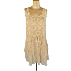 May & July Boho Crochet Lace Fringe Tunic Top Cream Festival Layered L
